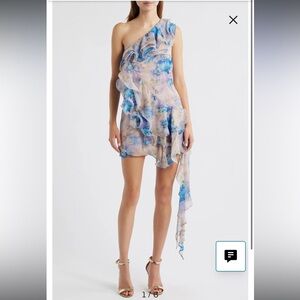 elliatt briony blue & pink floral print asymmetrical ruffle mini dress medium